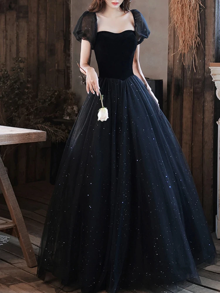 Draped Black Square Collar Women Evening Dress Puff Sleeve Boat Neck Cross Lace Up Prom Dresses Tiered Party Femme Vestidos