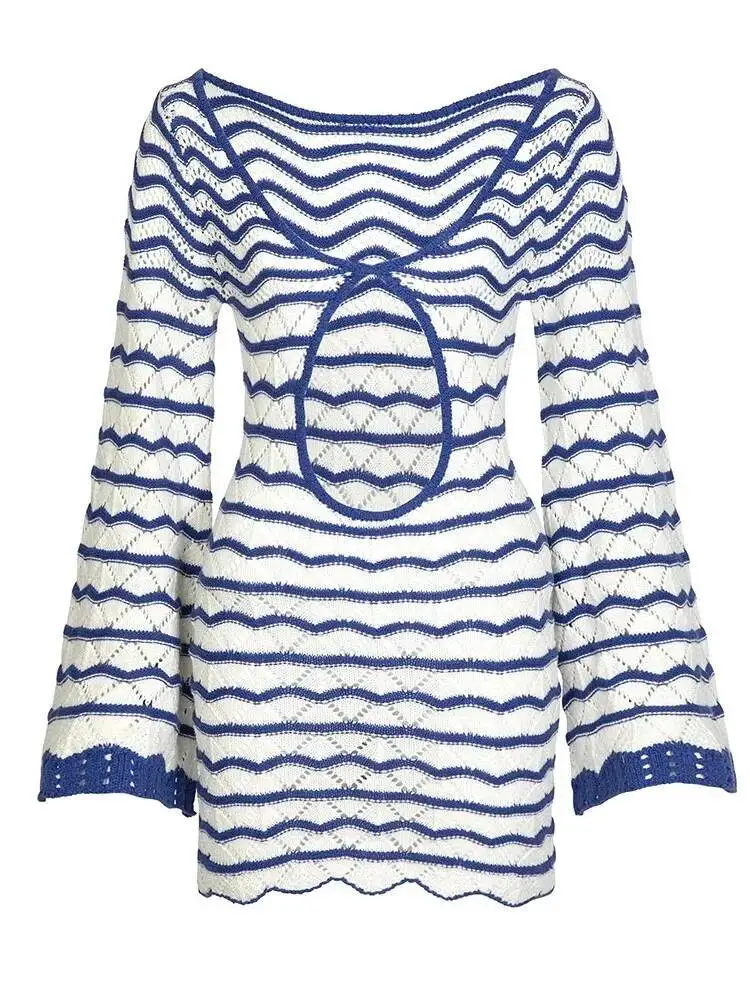 Sexy Boho Striped Chic V-neck Cut Out Bell Sleeve Knit Dress 2025 Summer Women Seaside Holiday Mini A-Line Dress UNX8