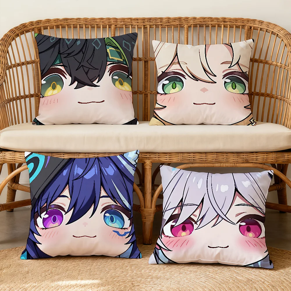 Genshin Impact Cute Face Q-version Game Cushion Cover Square Decorative Throw Pillow Case Sofa Bed Living Room Anniversary Gifts