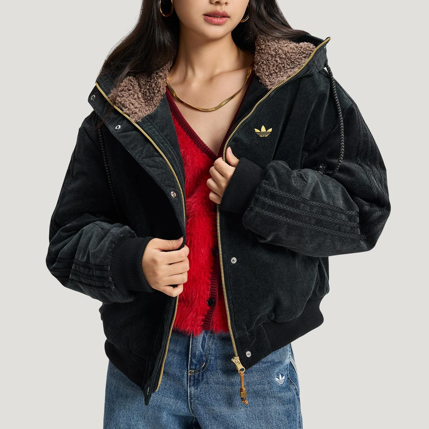 Adidas genuine clover women's New Year's warm plush collar cotton jacket KT0722