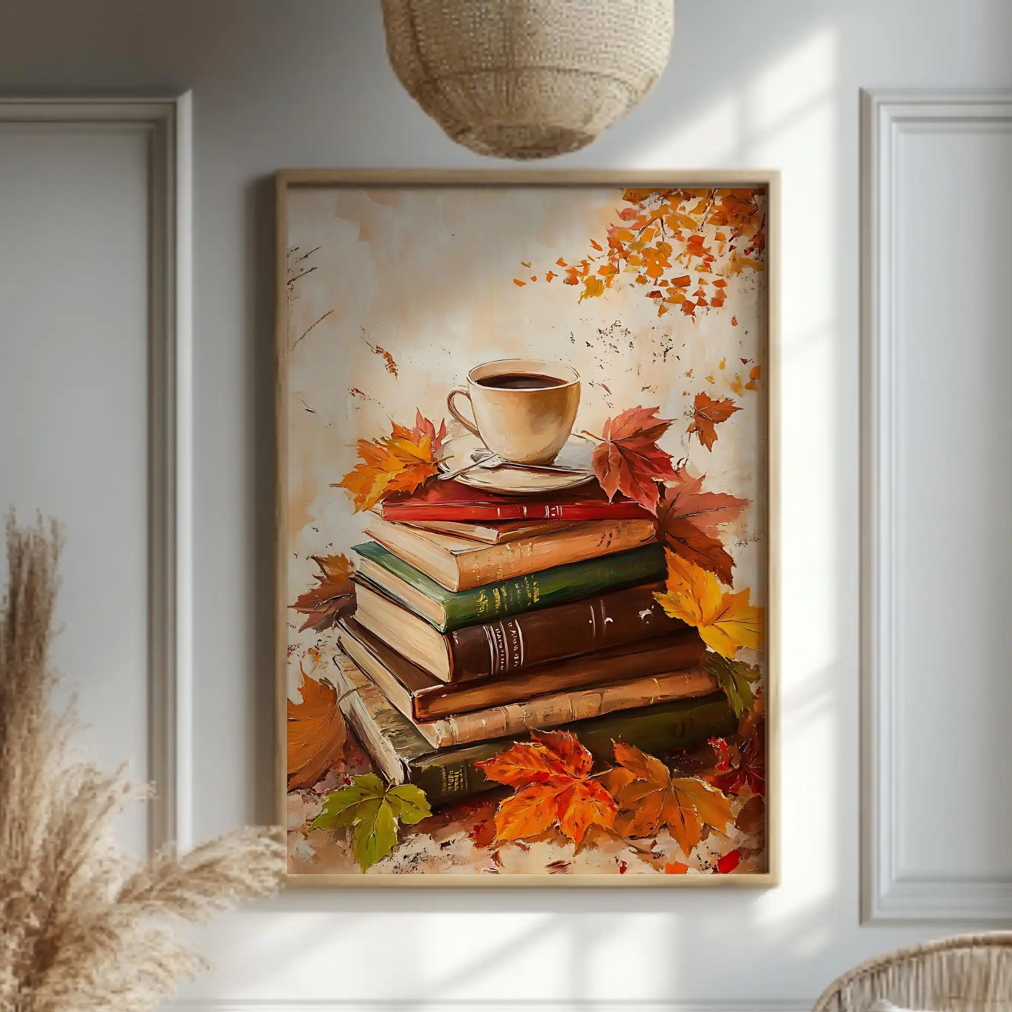 Vintage Fall Coffee & Book Canvas Wall Art - Autumn Books Poster, Rustic Reading Prints for Warm Farmhouse & Bedroom Decorations