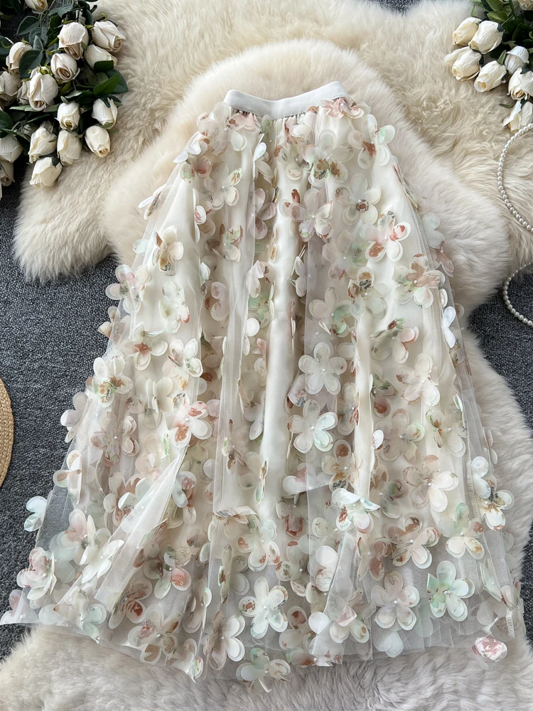 Elegant Fairy Heavy Embroidery 3D Flower Net Half Skirt Versatile Autumn Gentle Style City Commute High Waist A-Line Skirt