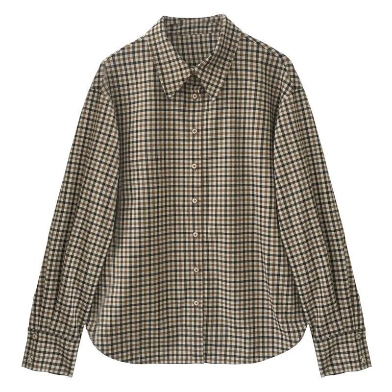 Hemd Frauen Braun Plaid Vintage Einfache Elegante Weibliche Lange Hülse Adrette Tops Alle-spiel Drehen-unten Kragen holz-Knöpfe – Detail 10