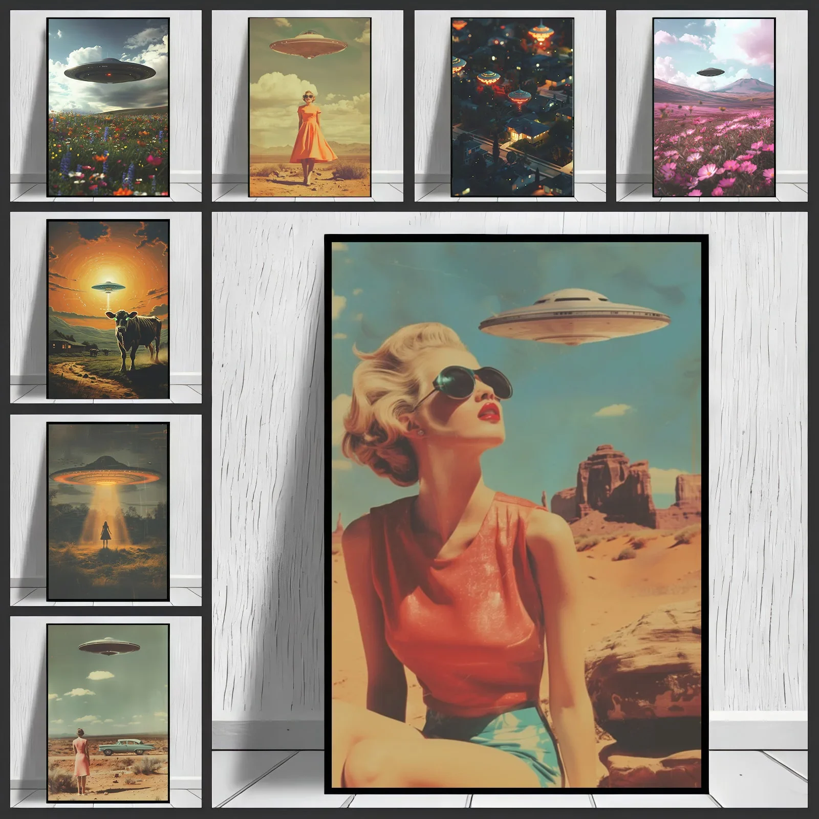 Retro Cartoon Abstract City Spaceship UFO Woman Poster Canvas Art Painting Printing Home Room Wall Pictures Decor Gift