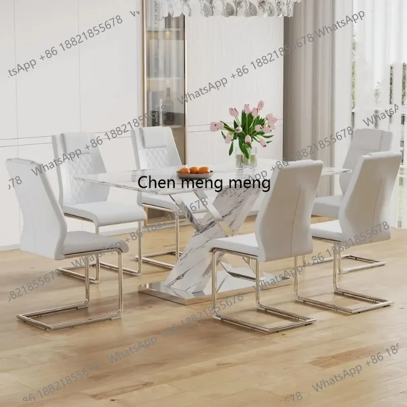 RR Marble Dining Table Set for 6,63 in White Rectangular Table with Sliver Metal X-Shaped Frame and 6 White Leather Customized