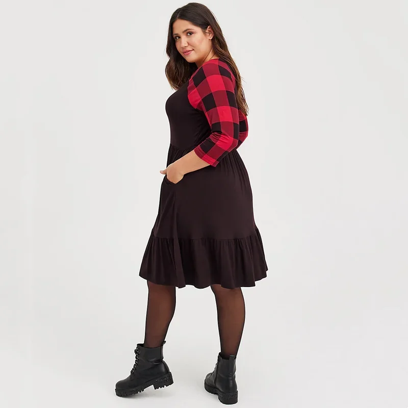 Plus Size Summer Spring Elegant Skater Dress Women Black And Red Plaid Pocket Front Work Office Dress Female Large Size 5XL 6XL