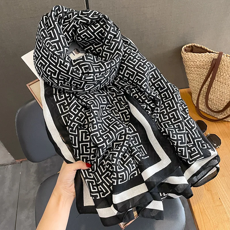 2024 New Women Fashion Foulard Designer Scarf Soft Cotton and Linen Feel Foulard Luxe Scarf Shawl Dual-use Thin Four Seasons