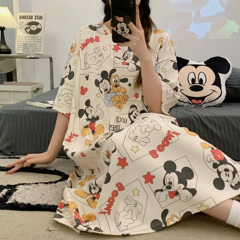 ديزني ميكي انمي ياباني الطرفية المطبوعة منامة الصيف قصيرة الأكمام ثوب النوم فضفاض الكرتون ملابس المنزل هدايا الموضة