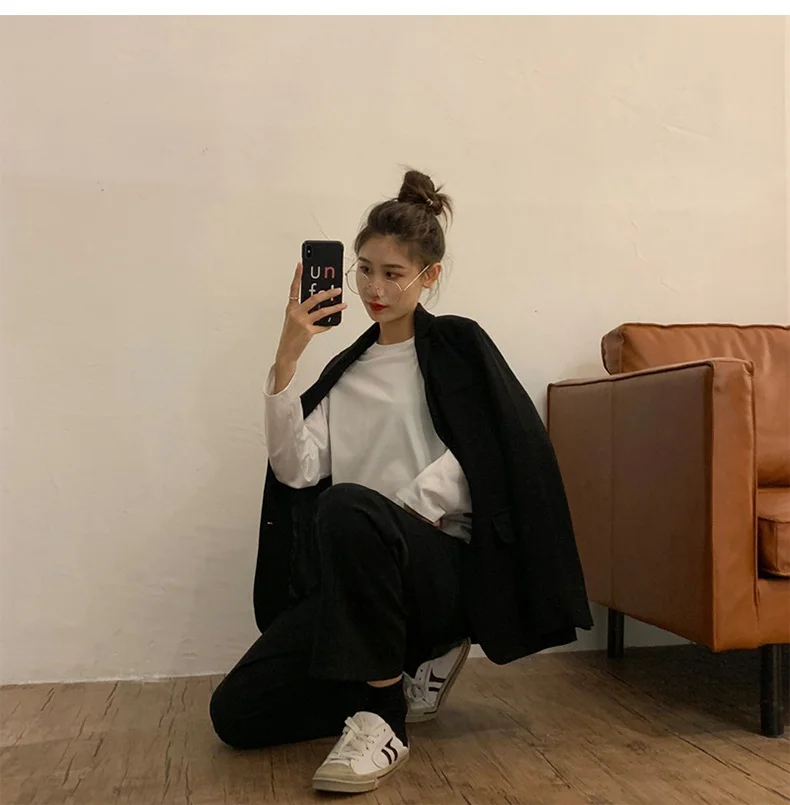 تي شيرت نسائي طويل الأكمام ملابس علوية قطنية غير رسمية كبيرة الحجم فضفاضة تناسب أنيقة ريترو قابلة للتنفس قماش مريح وبسيط للخريف #2