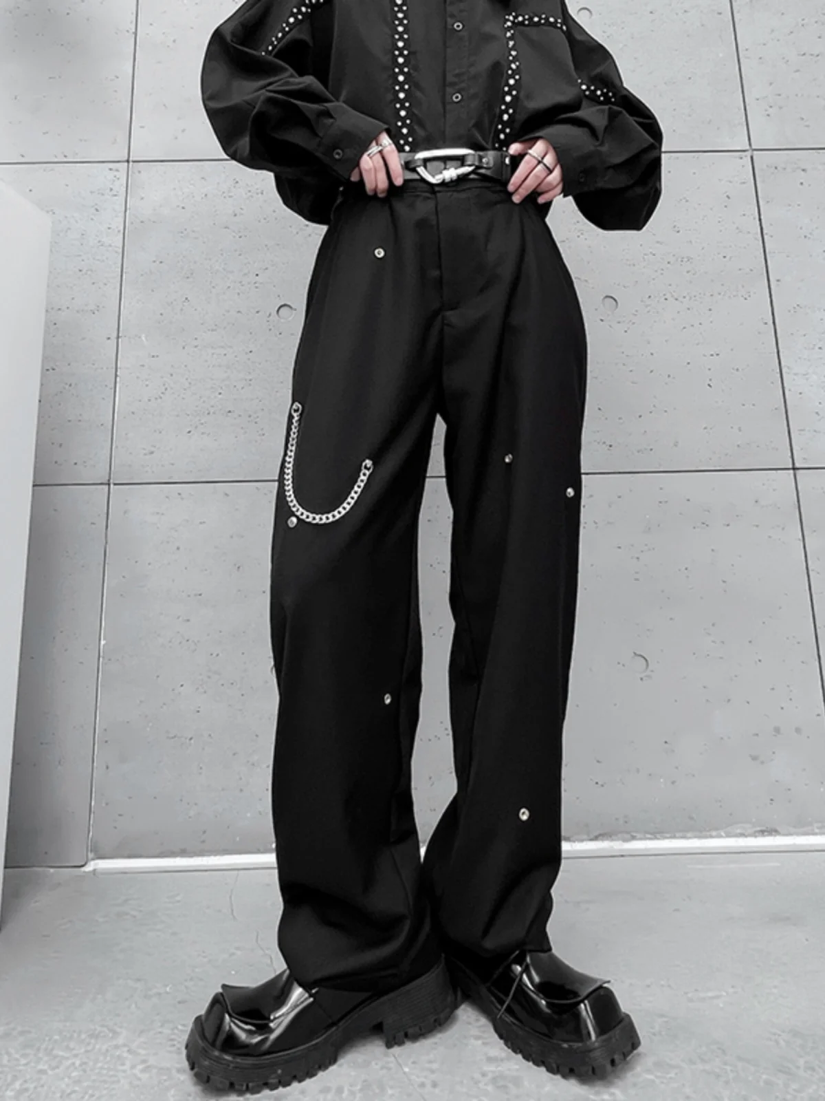 

Стильные мужские широкие прямые брюки с металлической цепочкой, модные повседневные брюки с высокой талией от корейского бренда