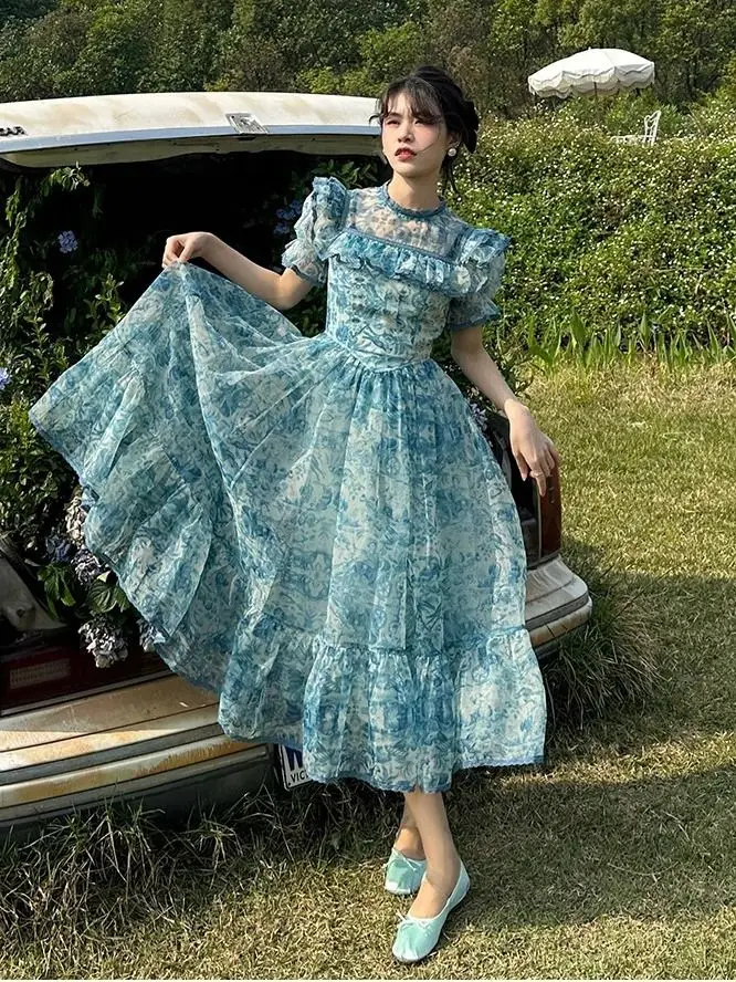 

2024 Summer Girl First Love Fairy Elegant and Elegant Temperament Waist Wrapped Mesh Slimming Beach Vacation Dress Gentle Dress