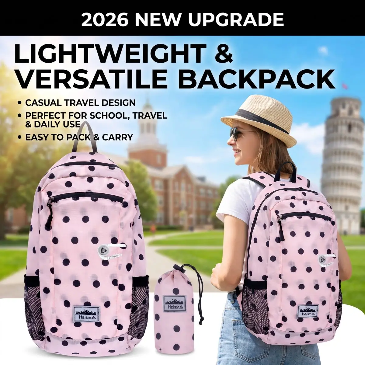 2026 New Upgrade Heisan Polka Dot Large Capacity Travel Backpack Lightweight Outdoor Hiking Bag Student Bookbag Commuter Style