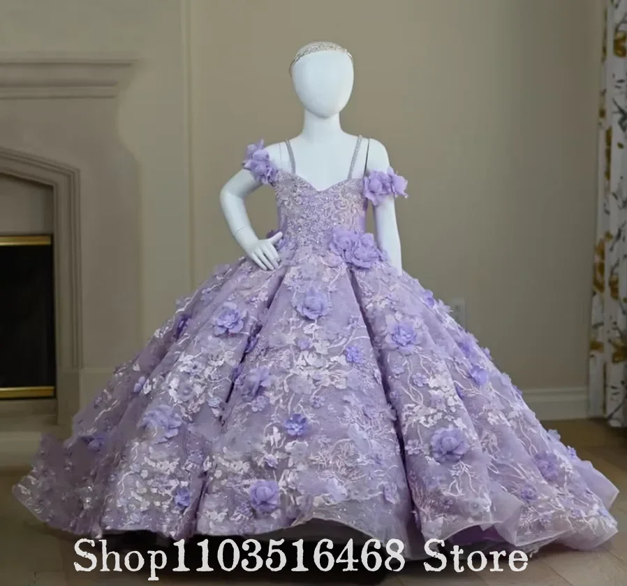 Custom Purple Floral Flower Girl Dress 3D Floral Embroidered Children's Birthday Dress Formal Occasion Dress Birthday Party Atti