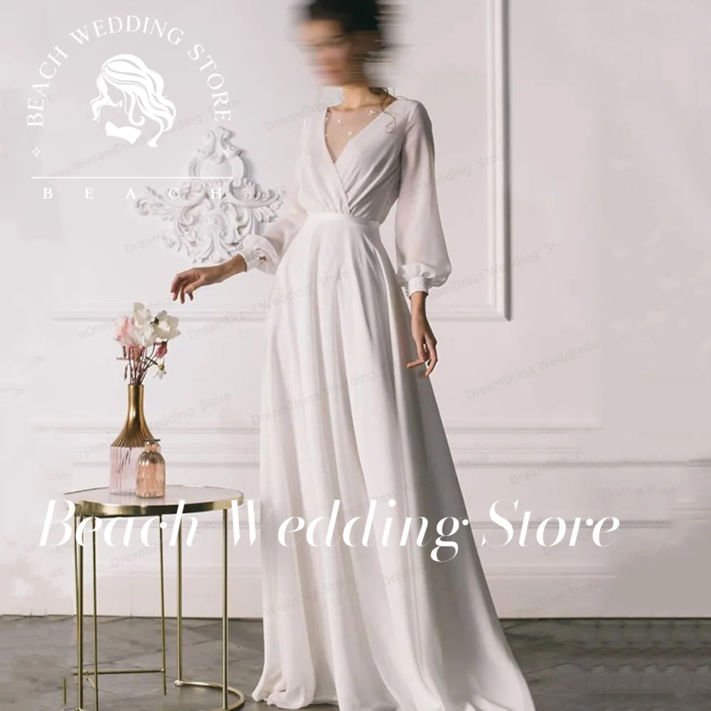 Beach Customized Simple Long Sleeves Chiffon Wedding Dress V-Neck Floor-Length For Bride Robe De Mariée Custom Made Behomia