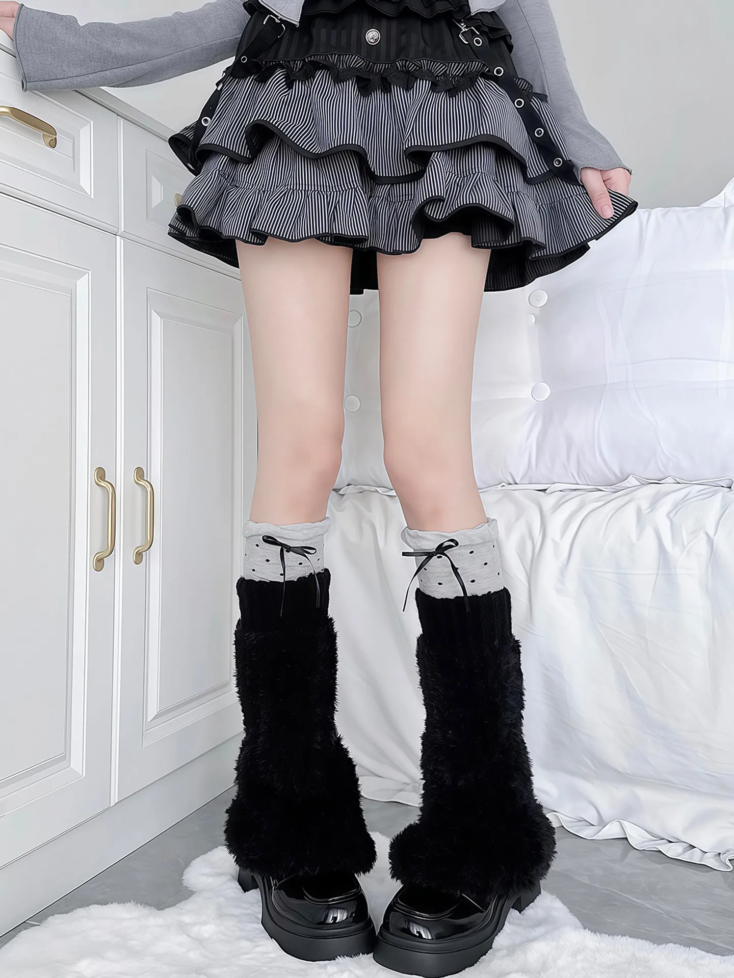 Y2k Knitted Socks Yabi Spice Girl Gray Plush Pile Leg Covers Lolita Socks Autumn and Winter Stacked Bow Polka Dot Socks
