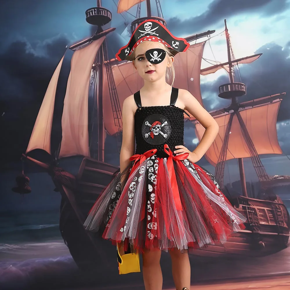 Girls Pirate Tutu Dress Skull Pattern Sleeveless Strap Skirt Kids Halloween Cosplay Costume For Carnival Party Fancy Dress Up