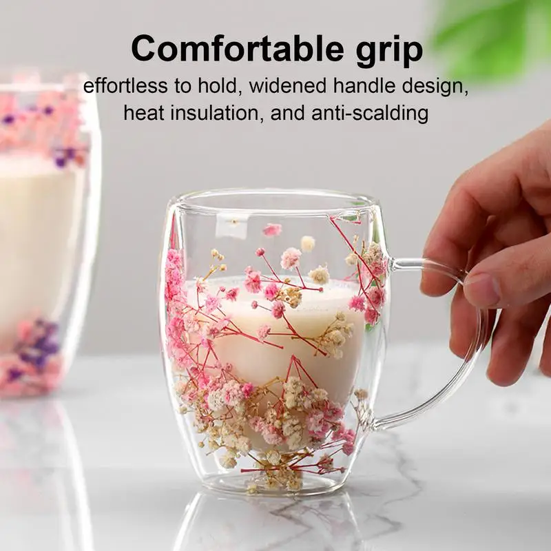 Dry Flowers Double Wall Glass Cup Glass Tea Cups Double Wall Insulated Coffee Mugs Safe and Decorative Flowers Double Insulated