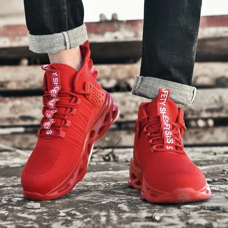 أحذية أمان غير قابلة للانزلاق للرجال، أحذية رياضية برأس فولاذي، مقاومة للثقب، زر دوار، أحذية عمل، أحذية رياضية مضادة للسحق