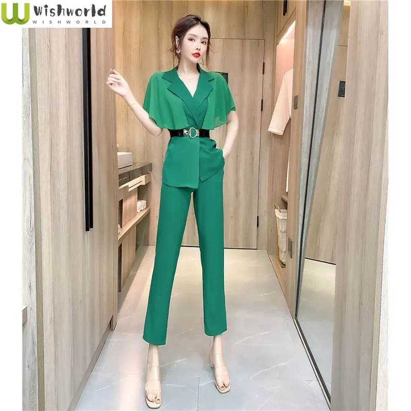 

Korean Style Fashionable Casual Women's Suit Spring and Summer 2022 New Suit Jacket and Two-piece Pants Temperament