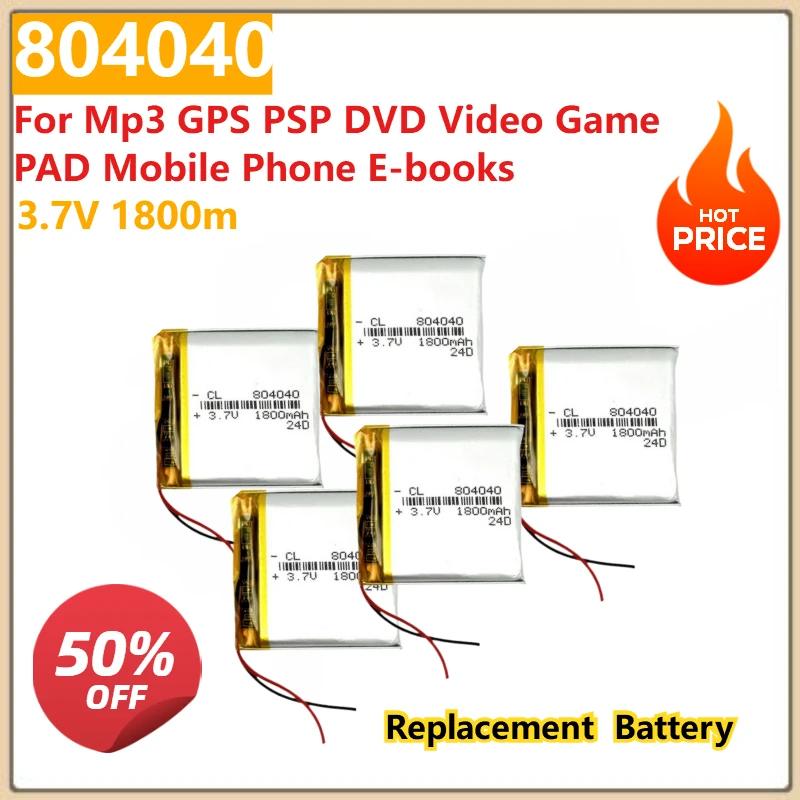 For Mp3 GPS PSP DVD Video Game PAD Mobile Phone E-books 5 PCS 804040 3.7V 1800m Lithium Polymer LiPo Rechargeable Battery