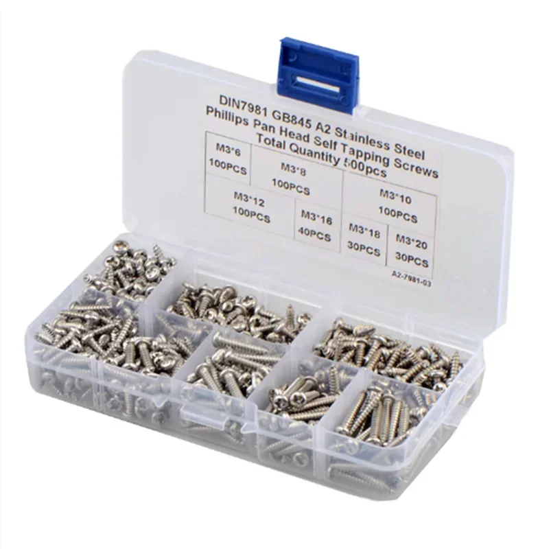 500pcs M3 stainless steel 304 Cross Pan Head Self Tapping Screw Combination Set Phillips Round Head Screw Kit