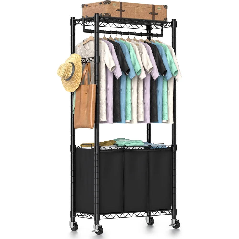 

Hodonas Rolling Laundry Basket Organizer with Wheels and Hanging Bar, Laundry Hamper Cart Laundry Sorter 3 Section