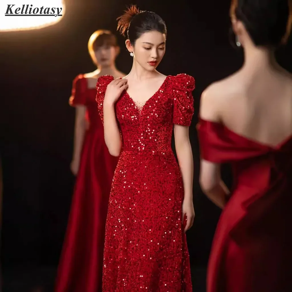 

Kelliotasy Customized Evening Dresses Elegant Gowns Vneck Short Sleeves Burgundy Luxury Evening Party Dress MBYD025