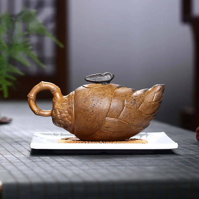 400ml Yixing Purple Clay Teapot Handmade Bamboo Shoot Cicada Zisha Teapot Chinese Kung Fu Tea Set Home Tea Ceremony Decor Unboxe