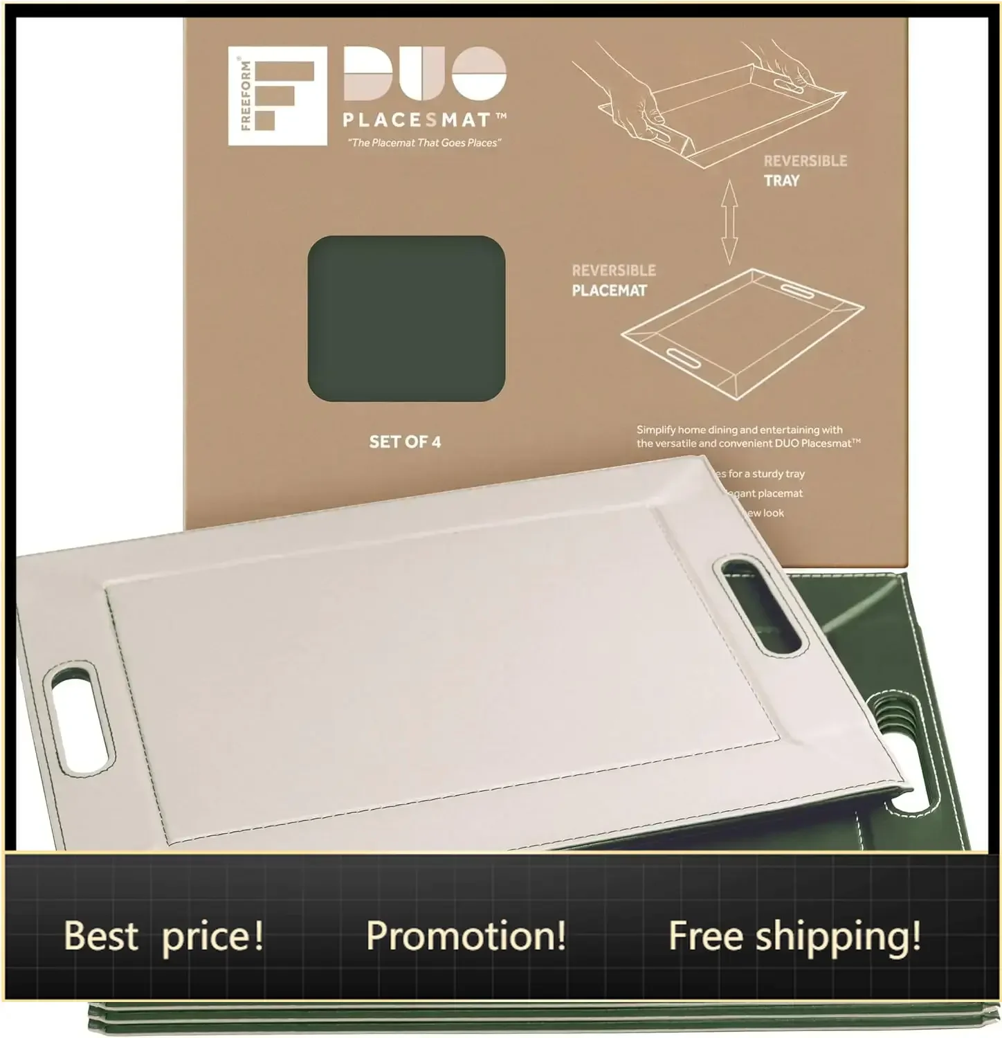 2-in-1 Serving Tray & Placemat | Faux Leather & Reversible | Lays Flat as a Placemat or Folds into an Ottoman Food Tray, Easy