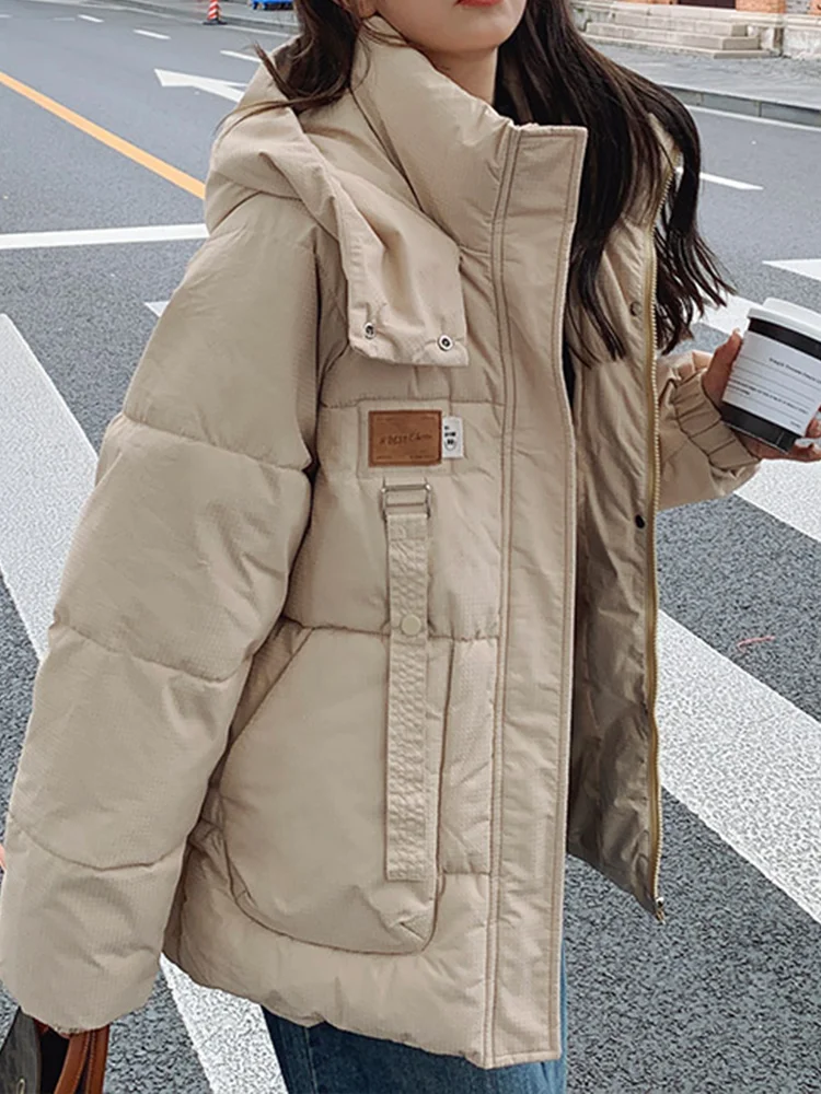 Jaqueta parka cáqui feminina, sobretudo quente, casaco grosso, vintage coreano, capuz Harajuku, manga comprida, jaqueta acolchoada, roupas de inverno