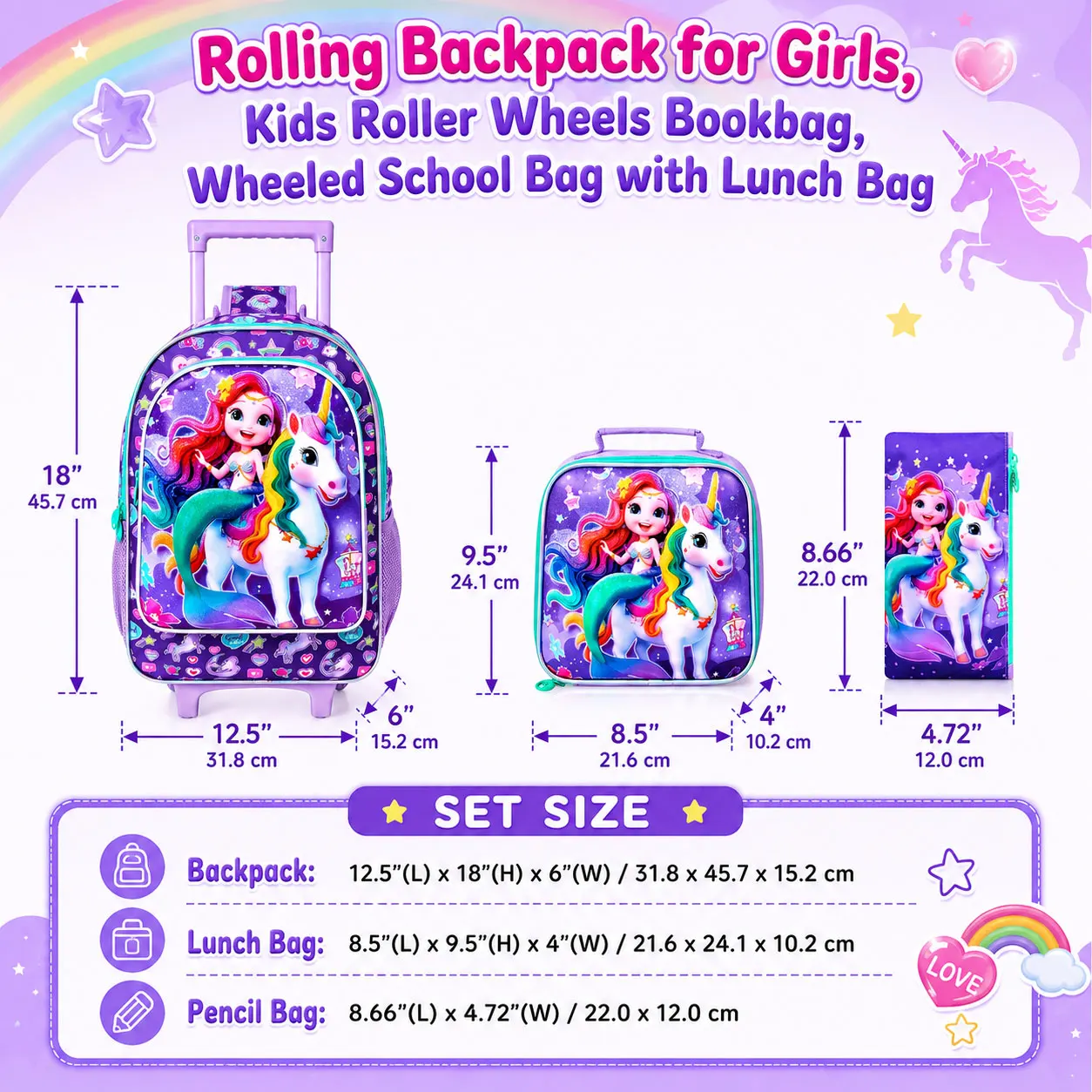 3PCS Girls Rolling Bookbag, Cute Kids Mermaid Wheeled Backpack，Roller School Bag with Wheels for Elementary Preschool Travel