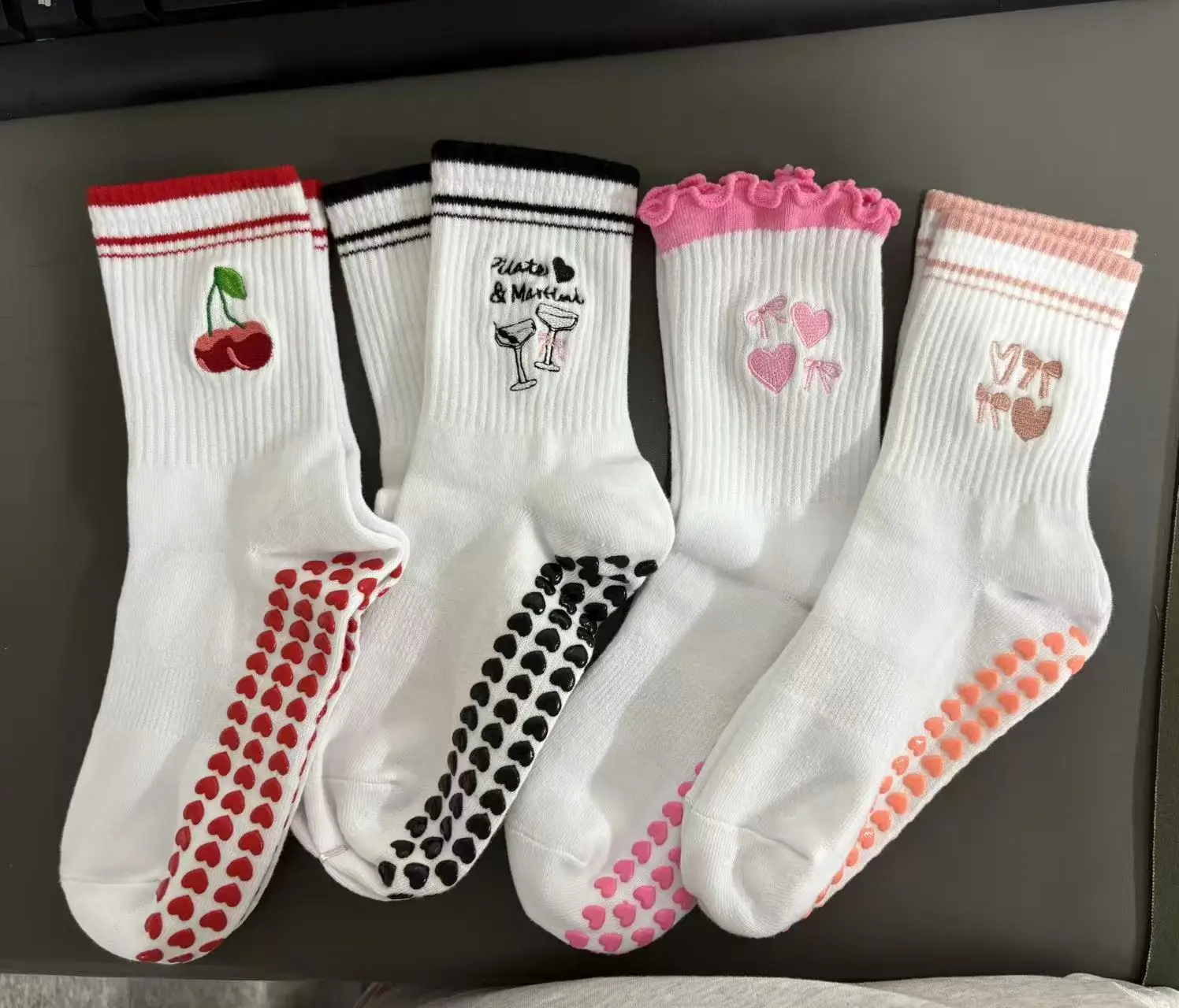 

European size 36-43， 3 Pairs Knitted Embroidered Yoga Fitness Pilates Sports Silicone Non slip Bottom Women's Middle Socks