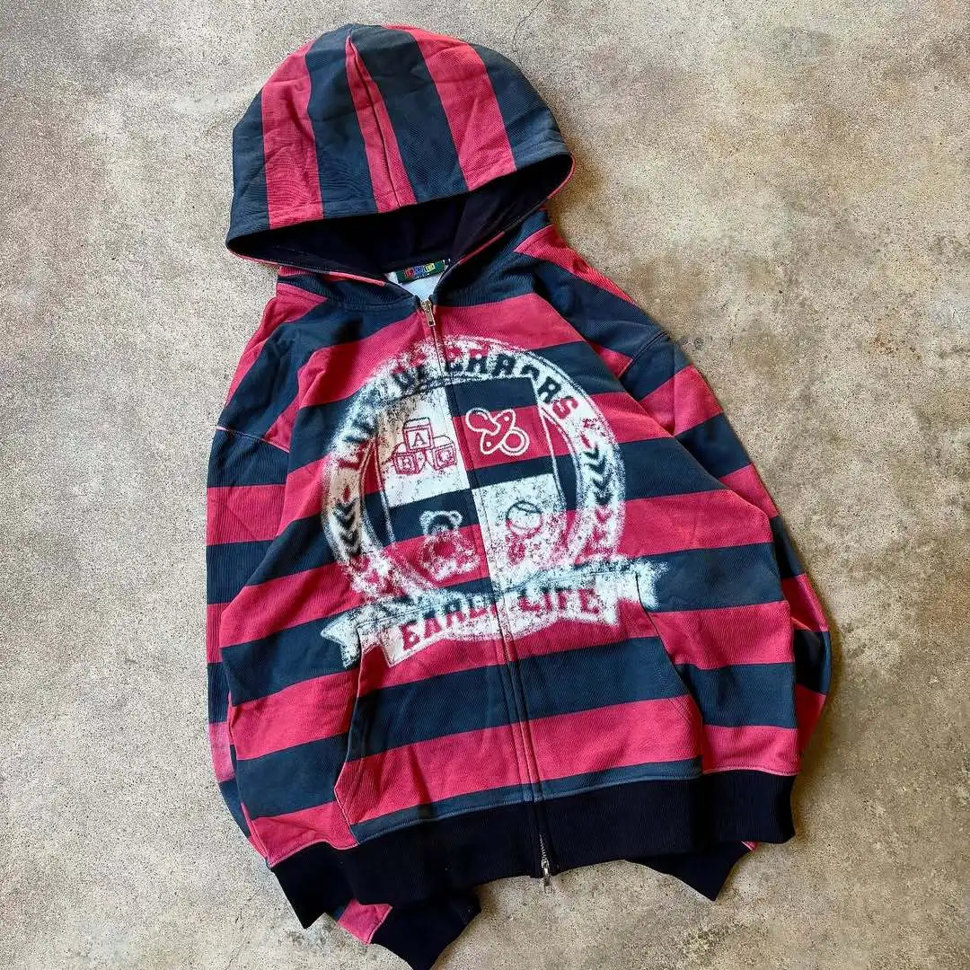 Mens Hoodie Vintage Streetwear Red Black Striped Zip Up Sweatshirt Life Of Errors Print Loose Fit Distressed Retro Cool Fashion