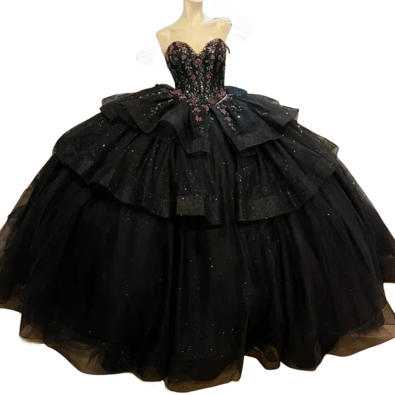 Robe Quinceanera noire avec appliques en dentelle, tulle perlé, jupe bouffante à plusieurs niveaux, robe douce, robe éducative, image réelle, 16, 14, 15 ans, 2024