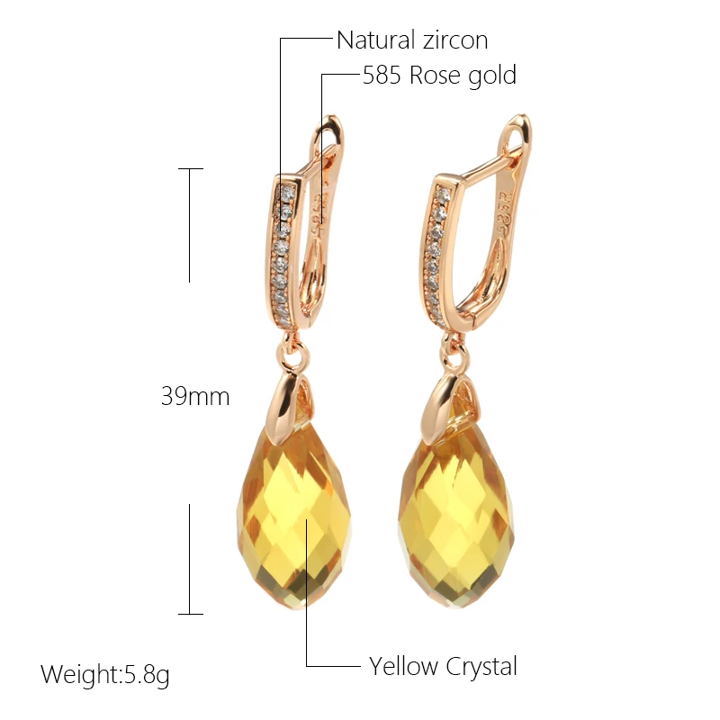 SYOUJYO Luxury Shiny Pendant Earrings 585 Rose Gold Color Natural Yellow Water Drop Zircon Inlay Wedding Party Fashion Jewelry