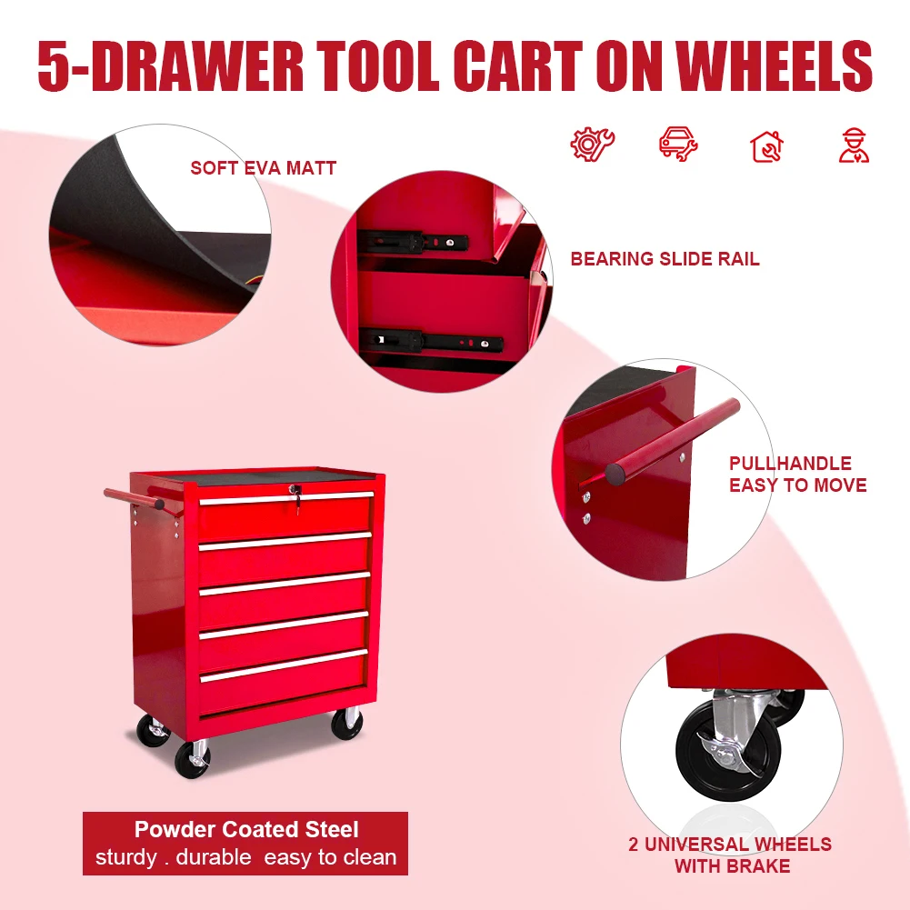 HPDMC Rolling Garage Workshop Tool Organizer 5 Drawer Tool Chest Tool Storage Cabinet for Garage Storage with 4 Wheels