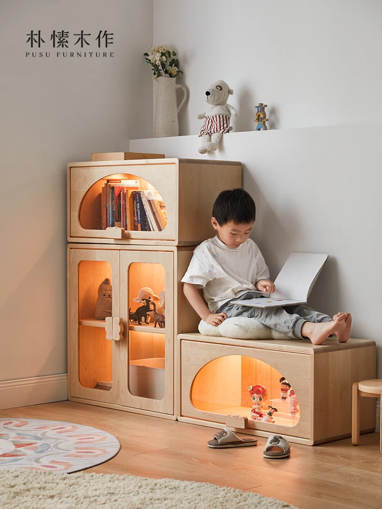 All Solid Wood Bookcase Children's Toy Storage Storage Building Blocks Hand-Made Transparent Display Storage Cabinet