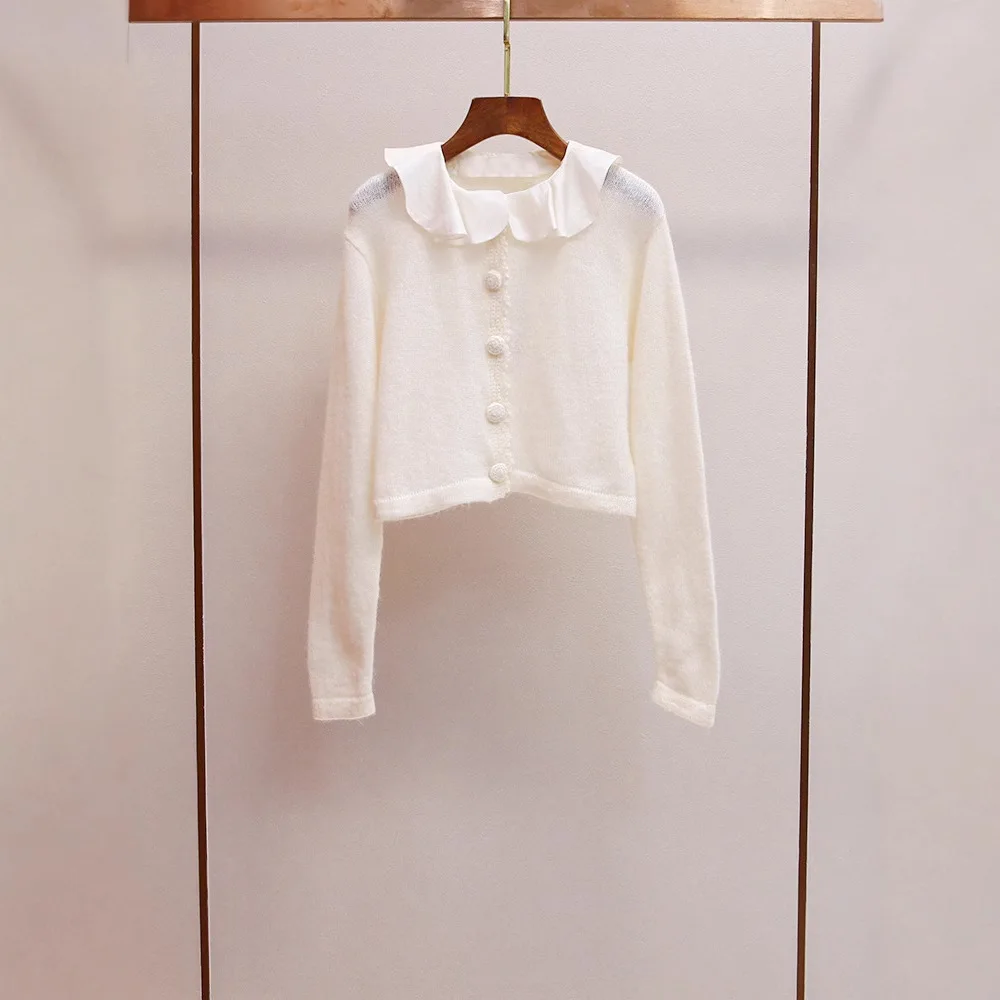 

Fall New Style Korean Simple Elegance Short Knitted Open Cardigan Women's Shirt Versatile Lotus Leaf Collar Fashionable Trendy