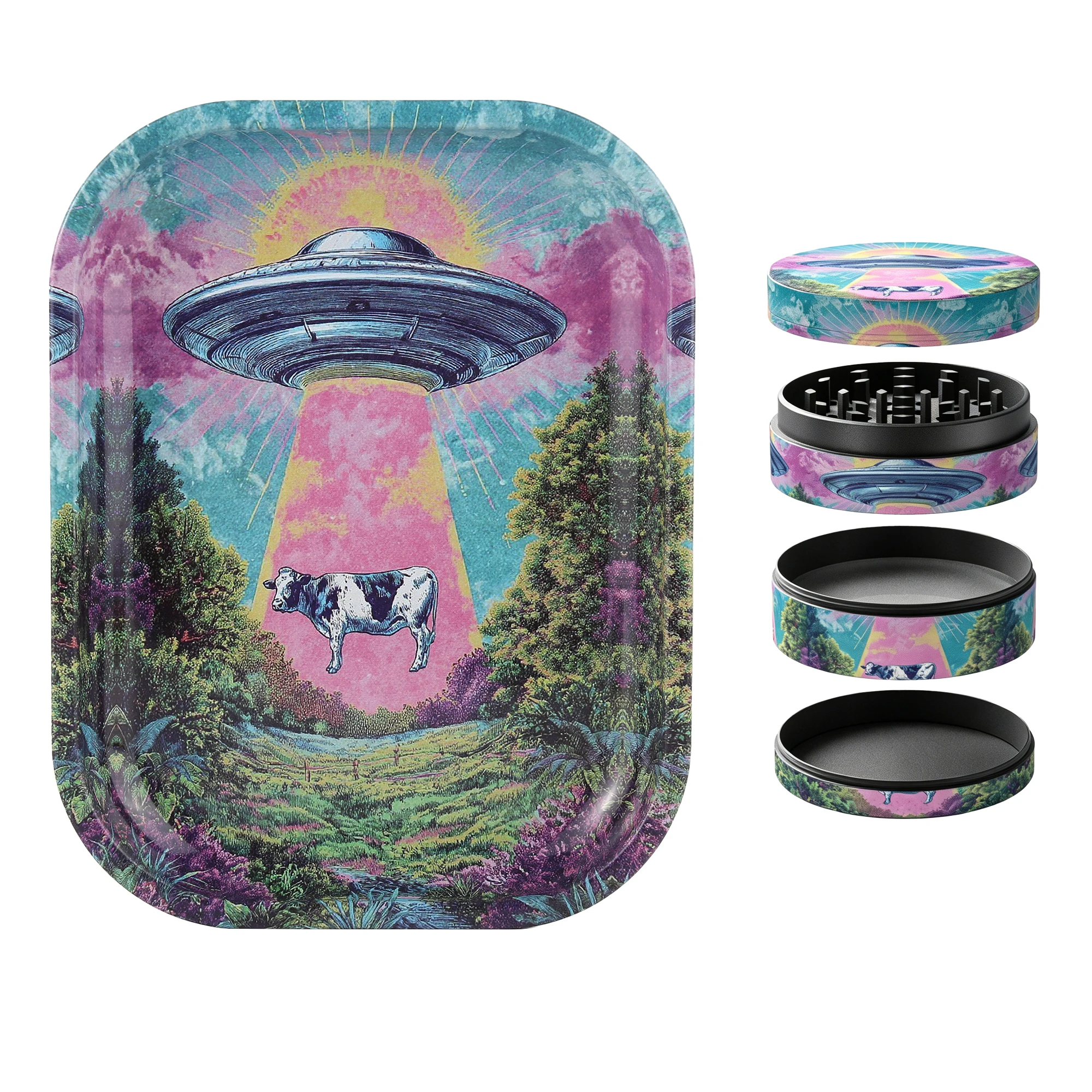 1/2 Pieces Trippy UFO Cow Abduction Rolling Tray & Grinder Set - Perfect Psychedelic Smoking Gift