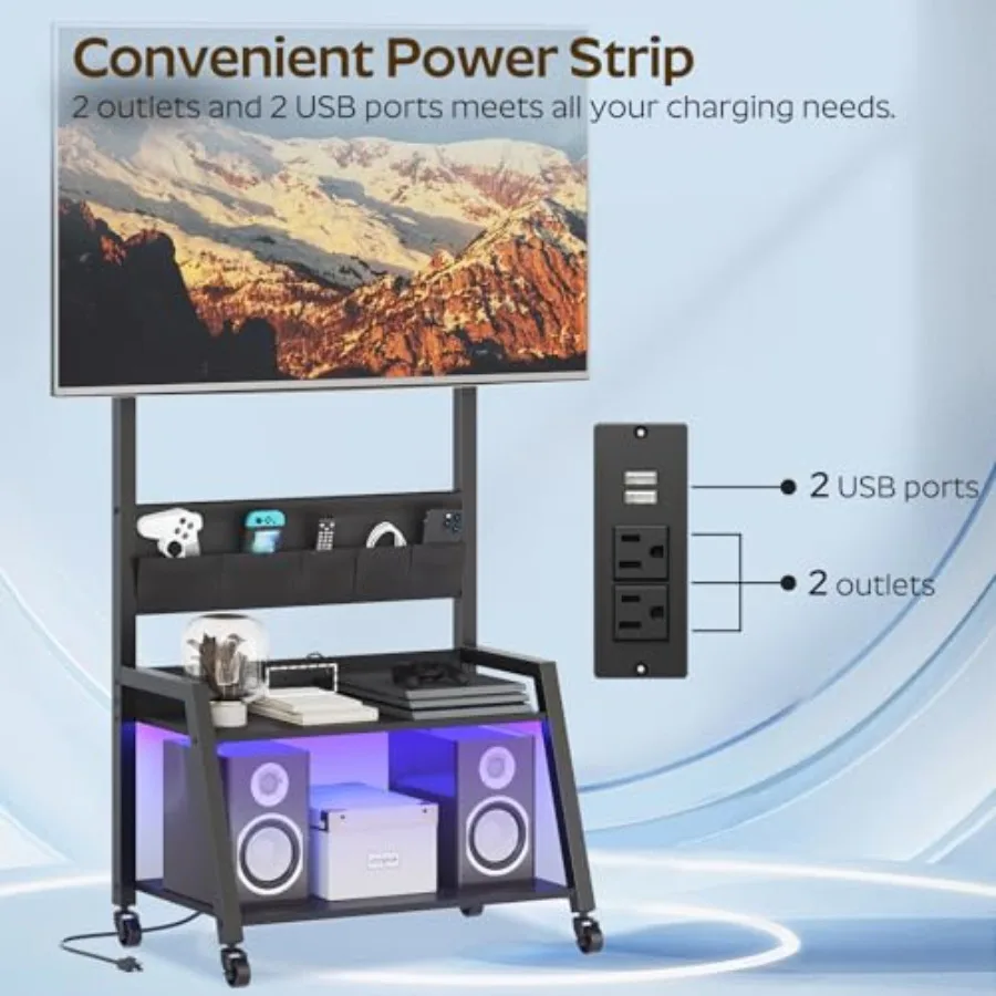 حامل تلفزيون دوار مع مخرج طاقة وإضاءة LED لعربة تلفزيون متنقلة ما يصل إلى 55 تلفزيونًا مع حامل قابل للتعديل و5 أكياس من قماش الثور