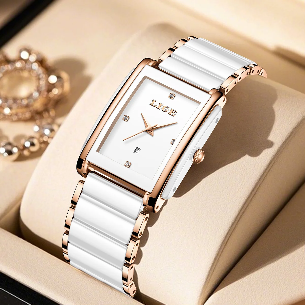 

LIGE New Fashion Square Quartz Woman Watches Elegant Simple Diamond Calendar Romantic Birthday Gift Leisure Ladies Wristwatch