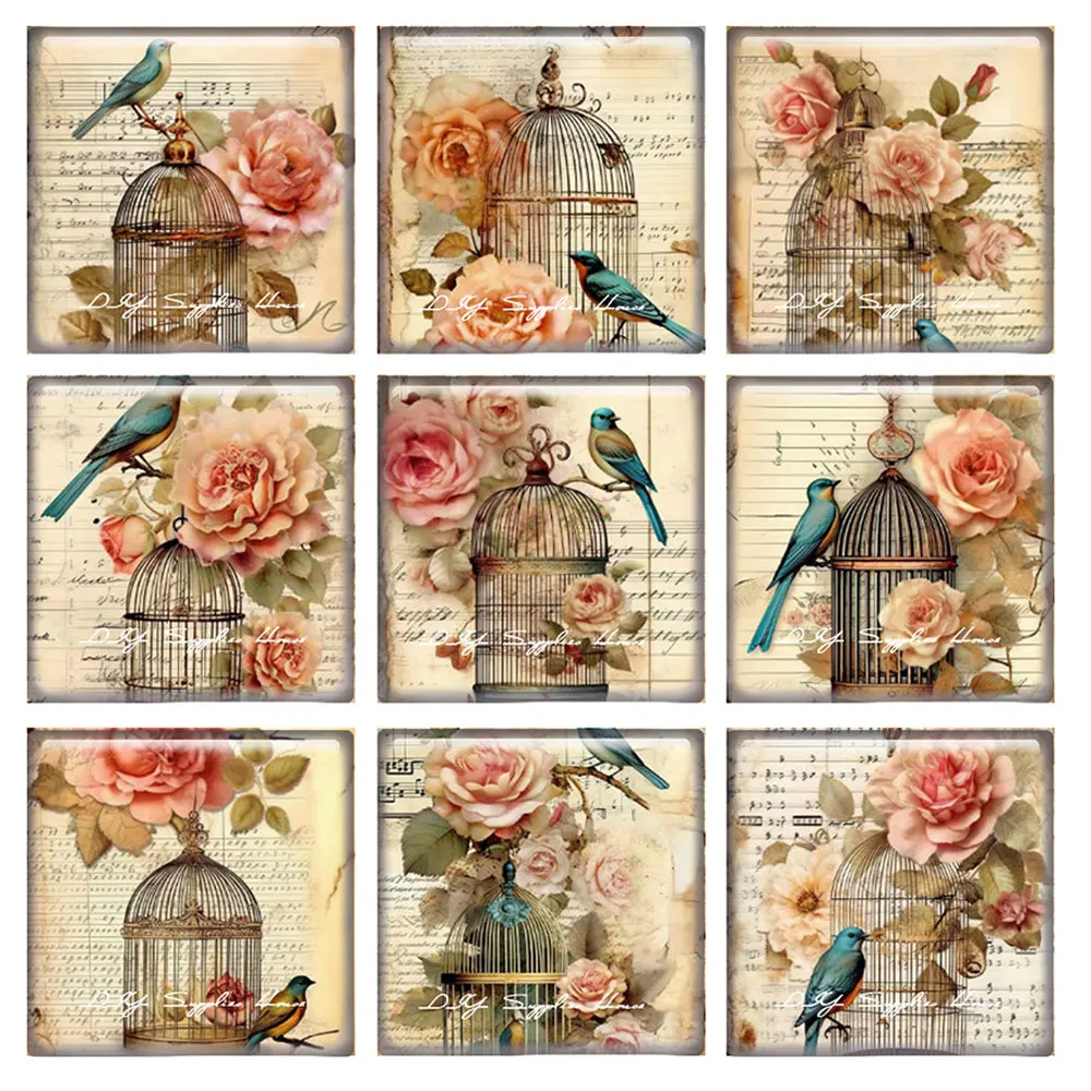 

10pcs/lots Retro Flower Bird Cage Birdcage Square Photo Glass Cabochon Flatback Demo Flat Back Cameo For Diy Jewelry Making