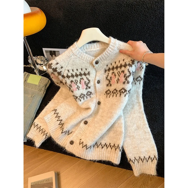 Jacquard Women' Sweater Autumn Winter New Single Breasted Casual Loose Cardigan Good-looking Temperament Vintage Soft Coats
