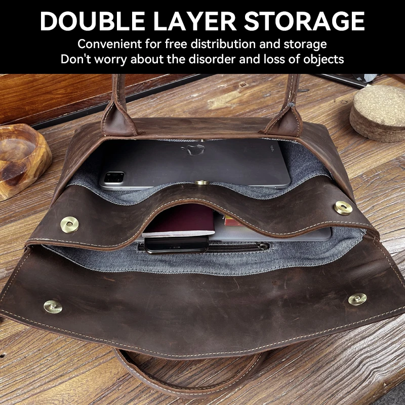 Retro Men\'s Briefcase Genuine Leather Handbag Top Layer Cowhide Business Tablet Bag Slim Clutch For 16-Inch Laptop