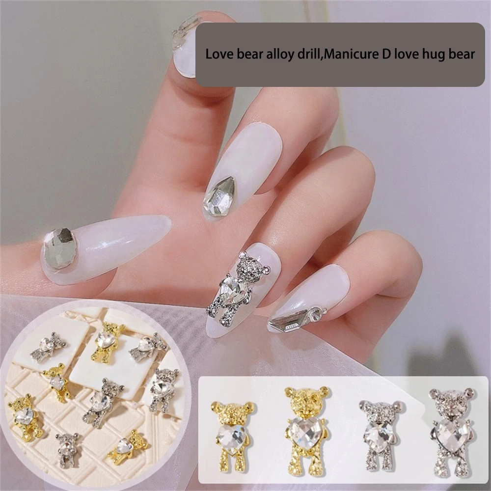 Decoración de uñas en forma de oso llamativo de dibujos animados, decoraciones de manicura de aleación, Plata duradera Li