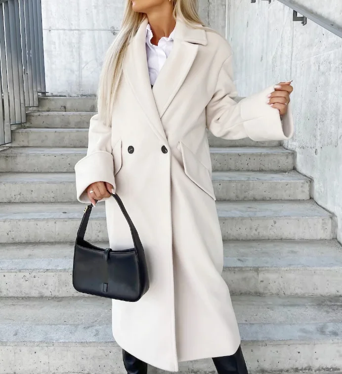 Women's Coat 2023 Autumn Winter Fashion Long Sleeve Notch Collar Double-Breasted Solid Casual Loose Long Woolen Jacket Coat