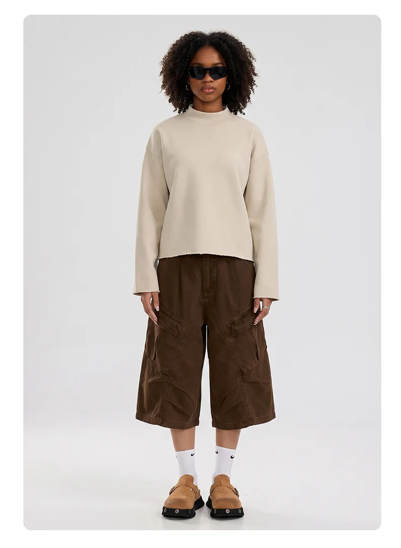 Personalized LOGO custom 350G cotton men's BOXY short and wide half-high neck long-sleeved hem burr sweater