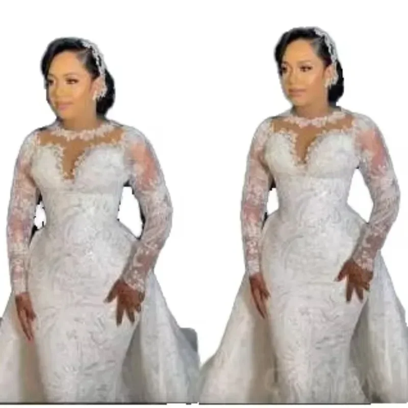 

Customized 2025 Long Sleeve Mermaid Dress Detectable Tail Elegant Lace Wedding Gown