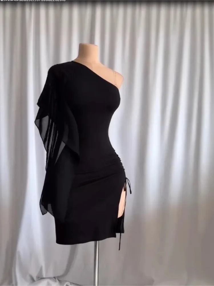 

Off Shoulder Vestidos Dresses 2025 Woman Dress Sleeveless Slit Solid Color Drawstring Slant Collar Package Hip Sexy Hot Style