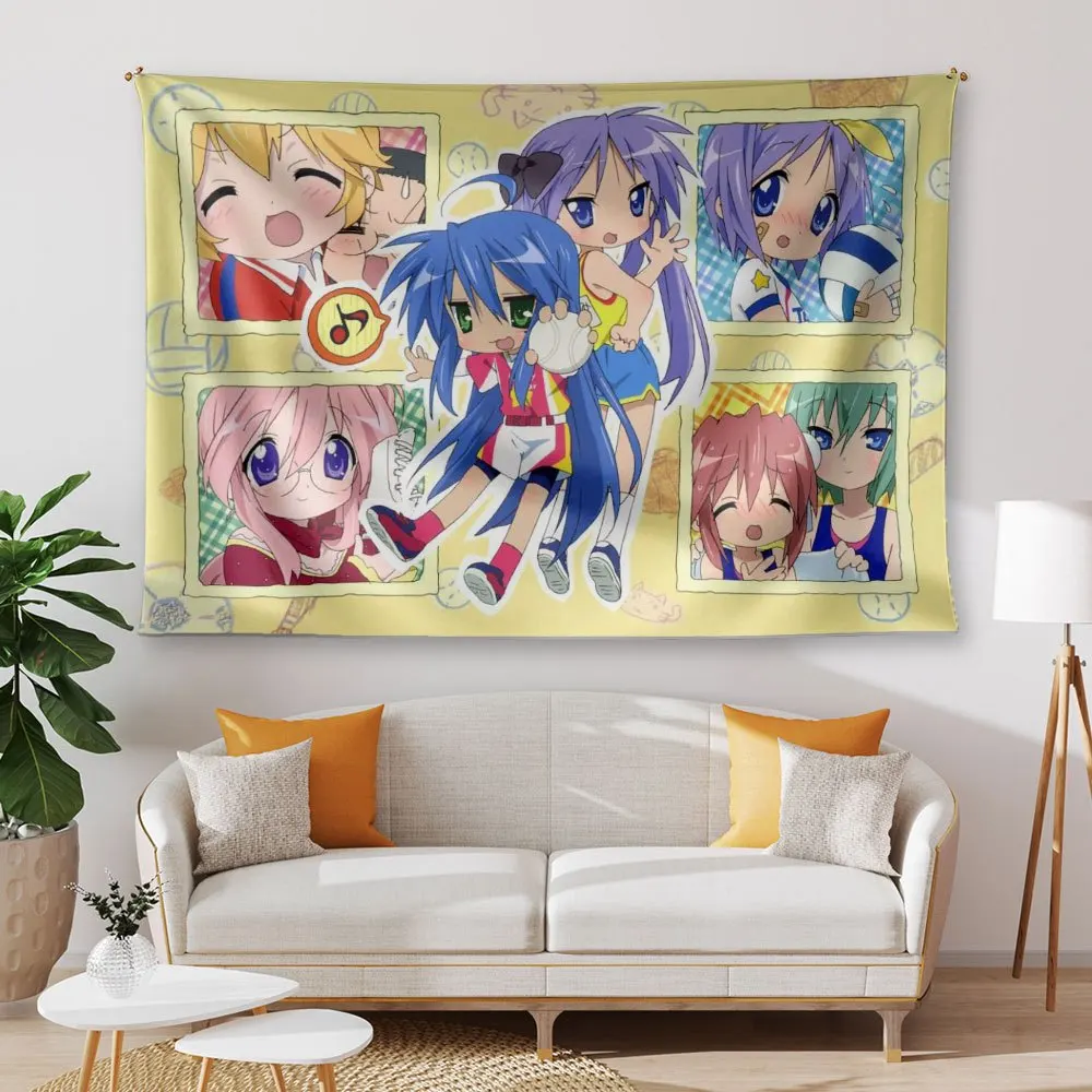 1pc Lucky Star Anime Tapestry, Horizontal Manga Wall Hanging with Character & Iconic Poses, Polyester Decor for Room, Bedspread